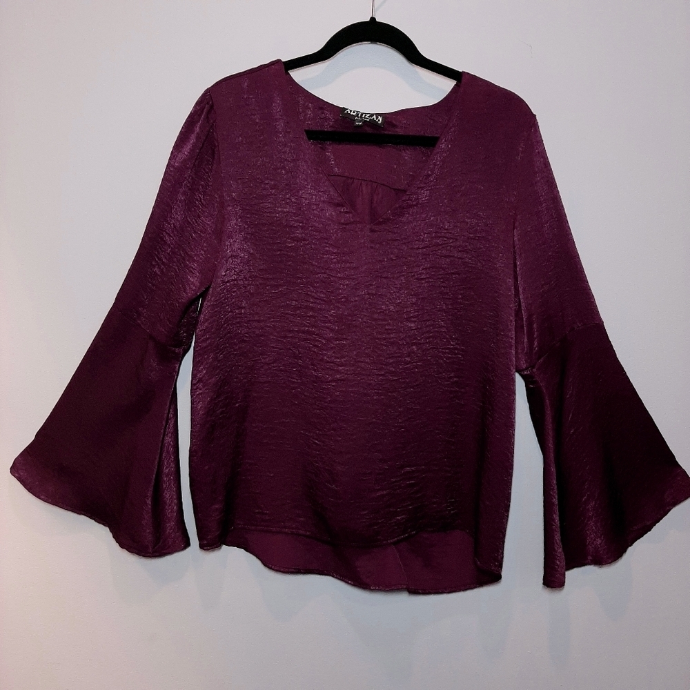 ARTIZAN ROBIN BARRE Flare Sleeve Satin Blouse Top Burgundy Womens Size Medium - Picture 10 of 14